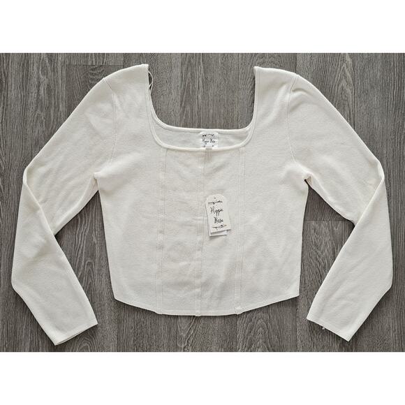 NWT Y2K Longsleeve Crop Top Sweater Womens JUNIOR XL Cream Beige - Picture 1 of 4